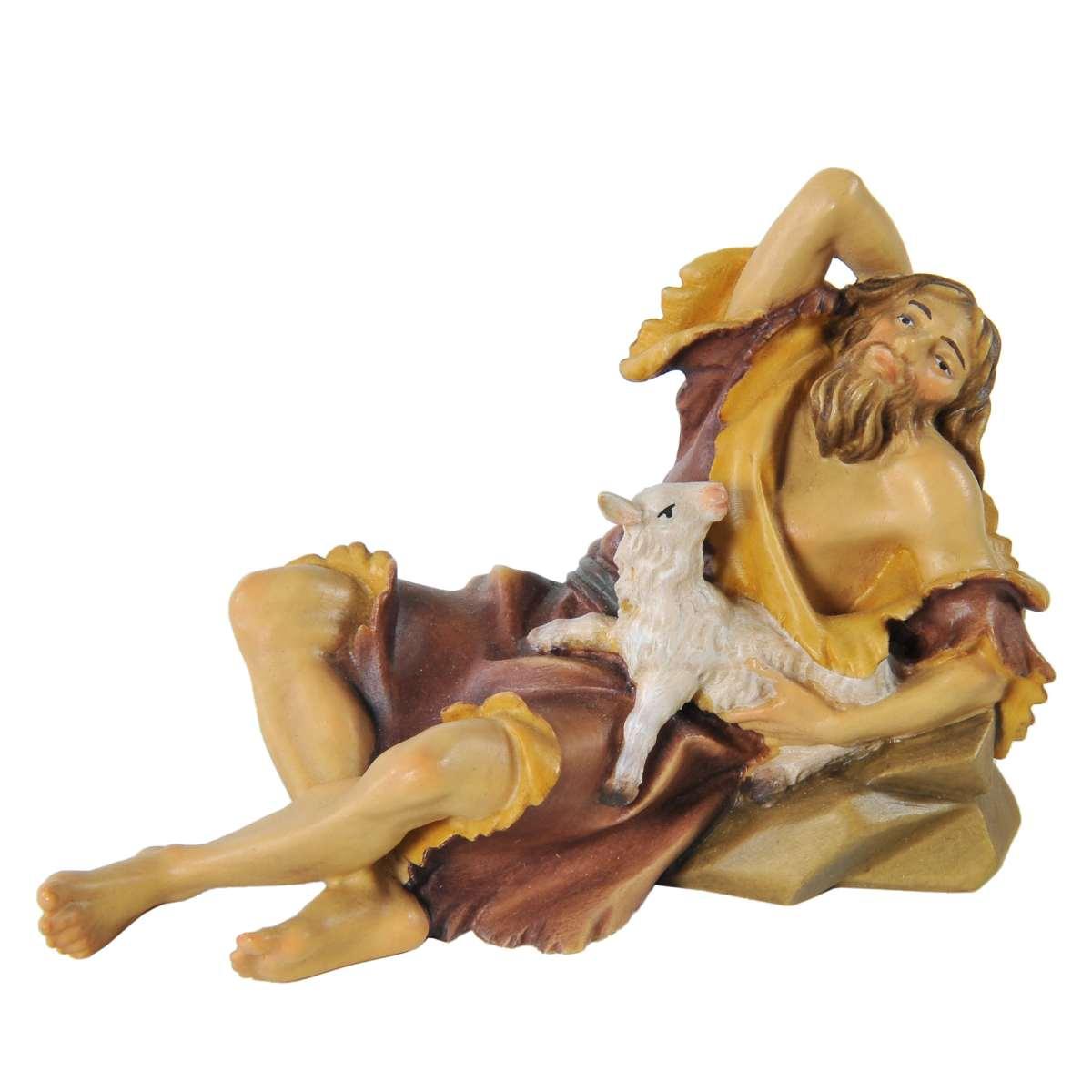 Statua cm.15 Scultura in Legno Pastore Sdraiato con Agnello | Ulpe