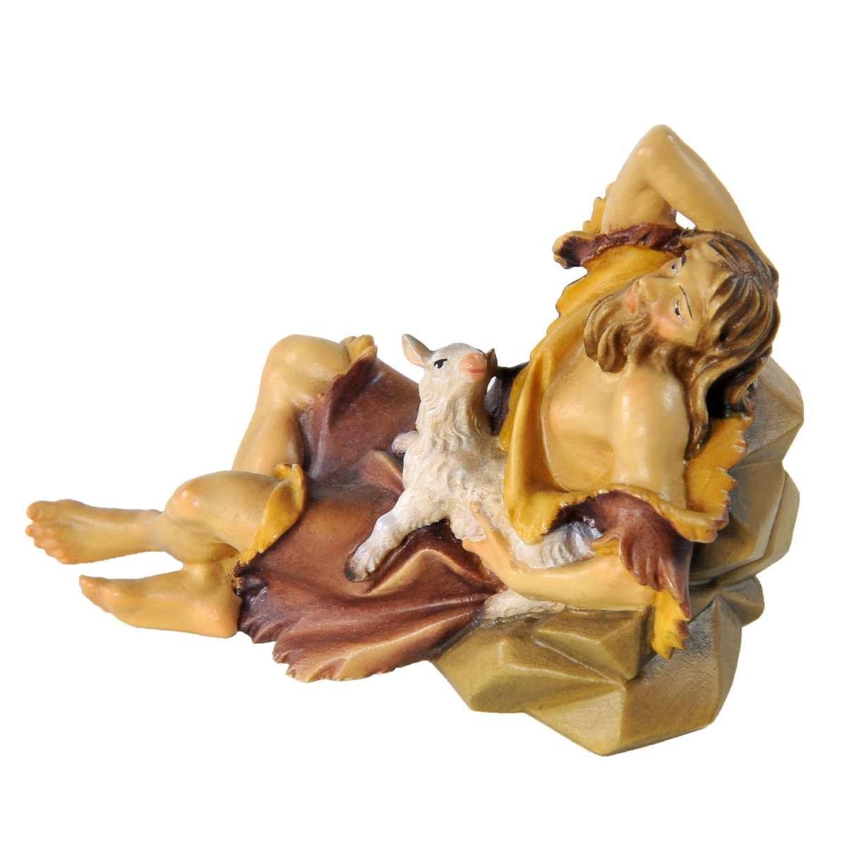Statua cm.15 Scultura in Legno Pastore Sdraiato con Agnello | Ulpe