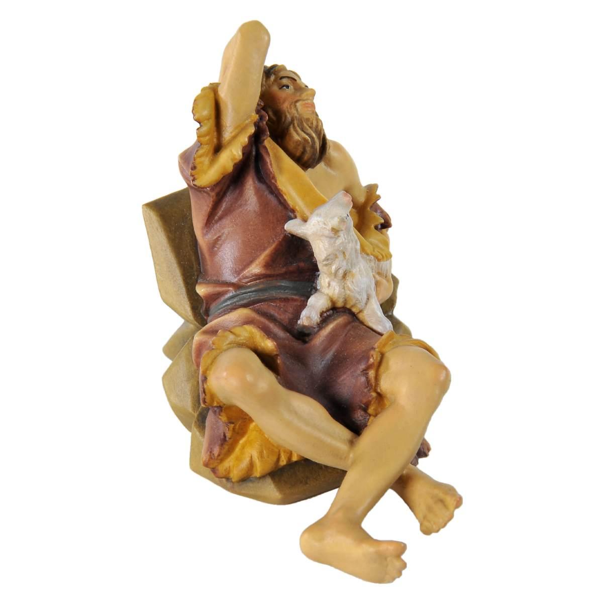 Statua cm.15 Scultura in Legno Pastore Sdraiato con Agnello | Ulpe