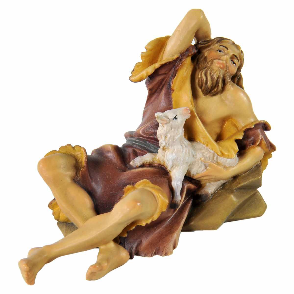 Statua cm.15 Scultura in Legno Pastore Sdraiato con Agnello | Ulpe