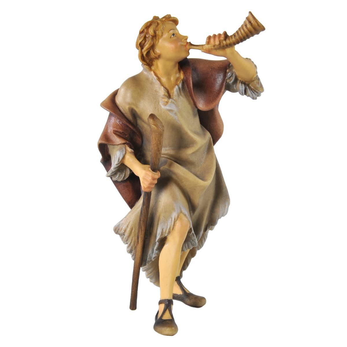 Statua cm.15 Scultura in Legno Pastore con Corno e Bastone | Ulpe