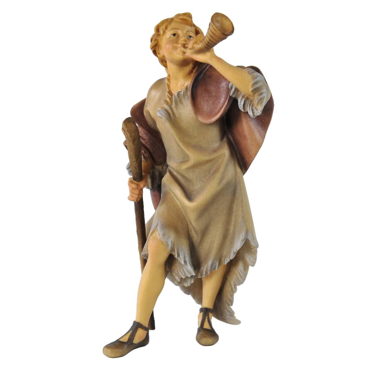 Statua cm.15 Scultura in Legno Pastore con Corno e Bastone | Ulpe