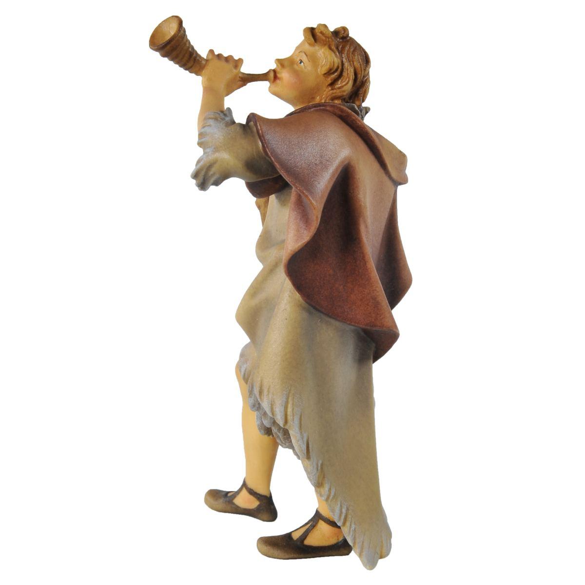 Statua cm.15 Scultura in Legno Pastore con Corno e Bastone | Ulpe