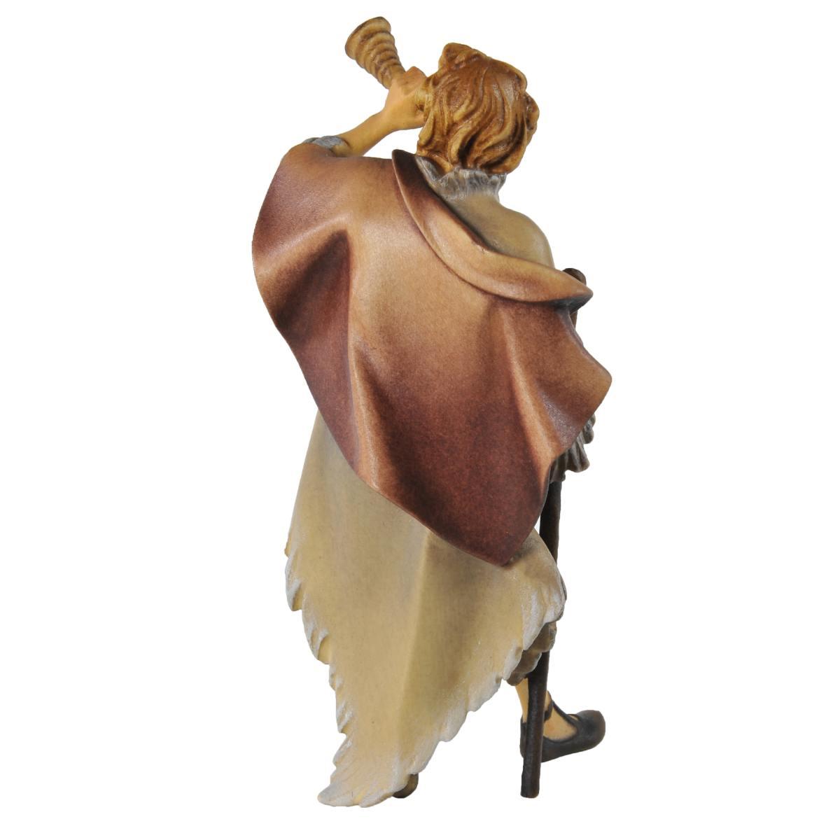 Statua cm.15 Scultura in Legno Pastore con Corno e Bastone | Ulpe