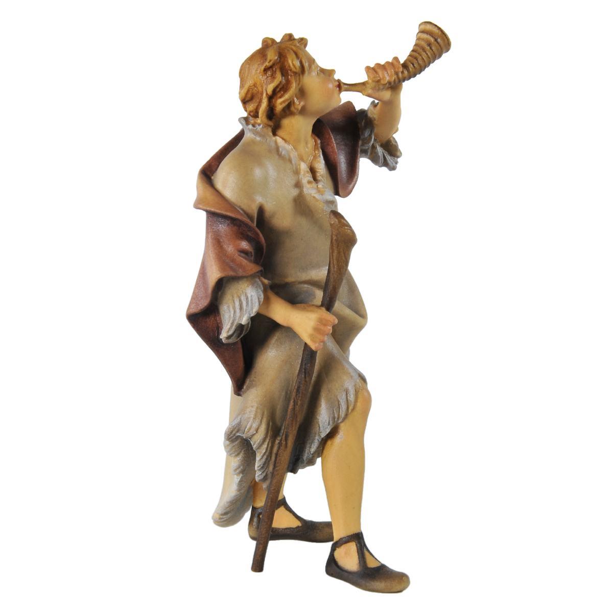Statua cm.15 Scultura in Legno Pastore con Corno e Bastone | Ulpe