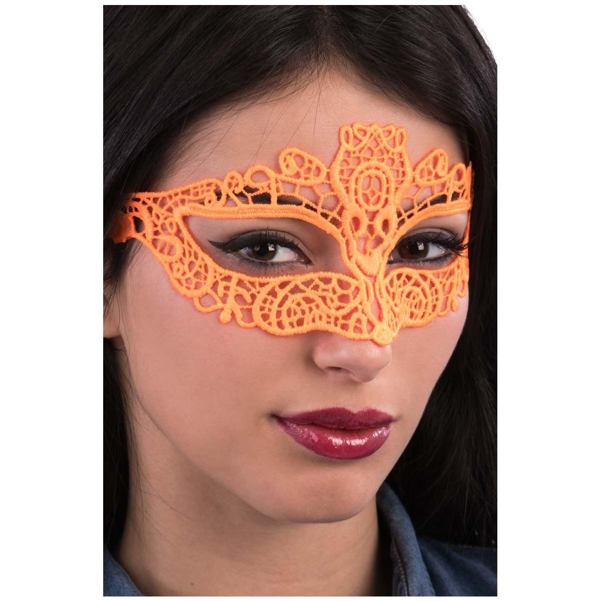 Maschera Viso Cartapesta Tessuto Macrame Arancione Fluo |Carnival Toys