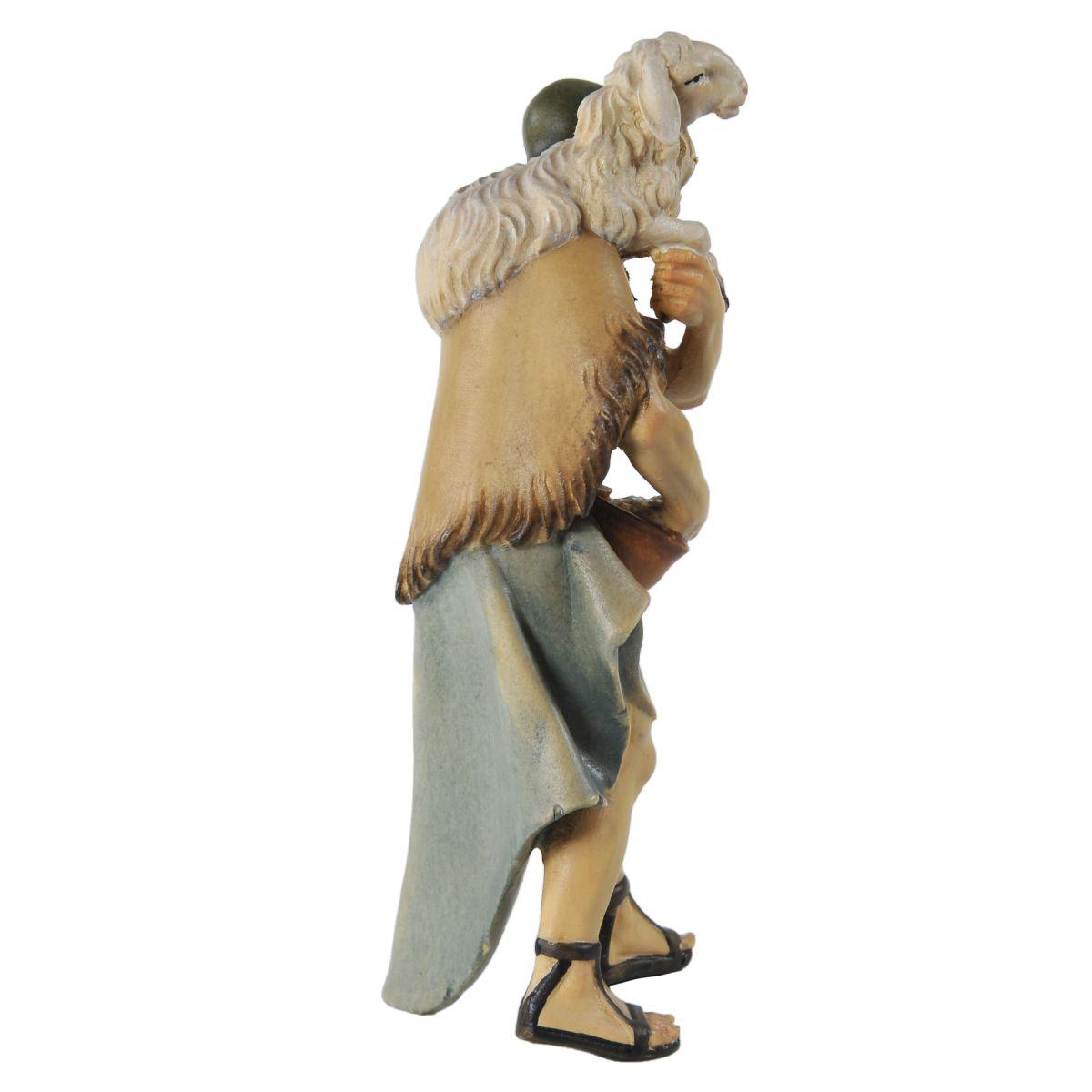Statua cm.15 Scultura in Legno Pastore con Pecora sulle Spalle | Ulpe