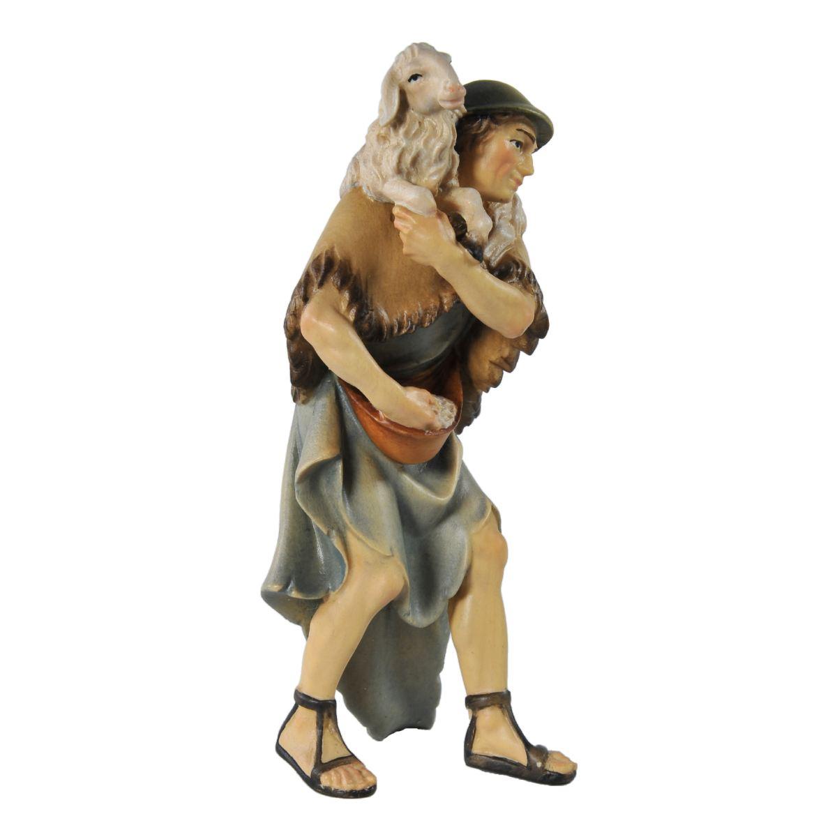 Statua cm.15 Scultura in Legno Pastore con Pecora sulle Spalle | Ulpe