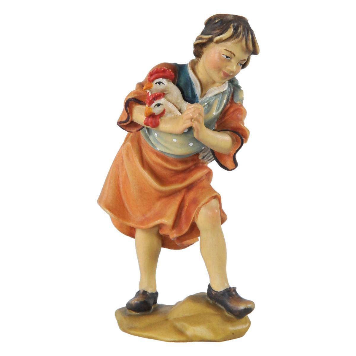 Statua cm.15 Scultura in Legno Pastorello con Galline in Braccio | Ulpe