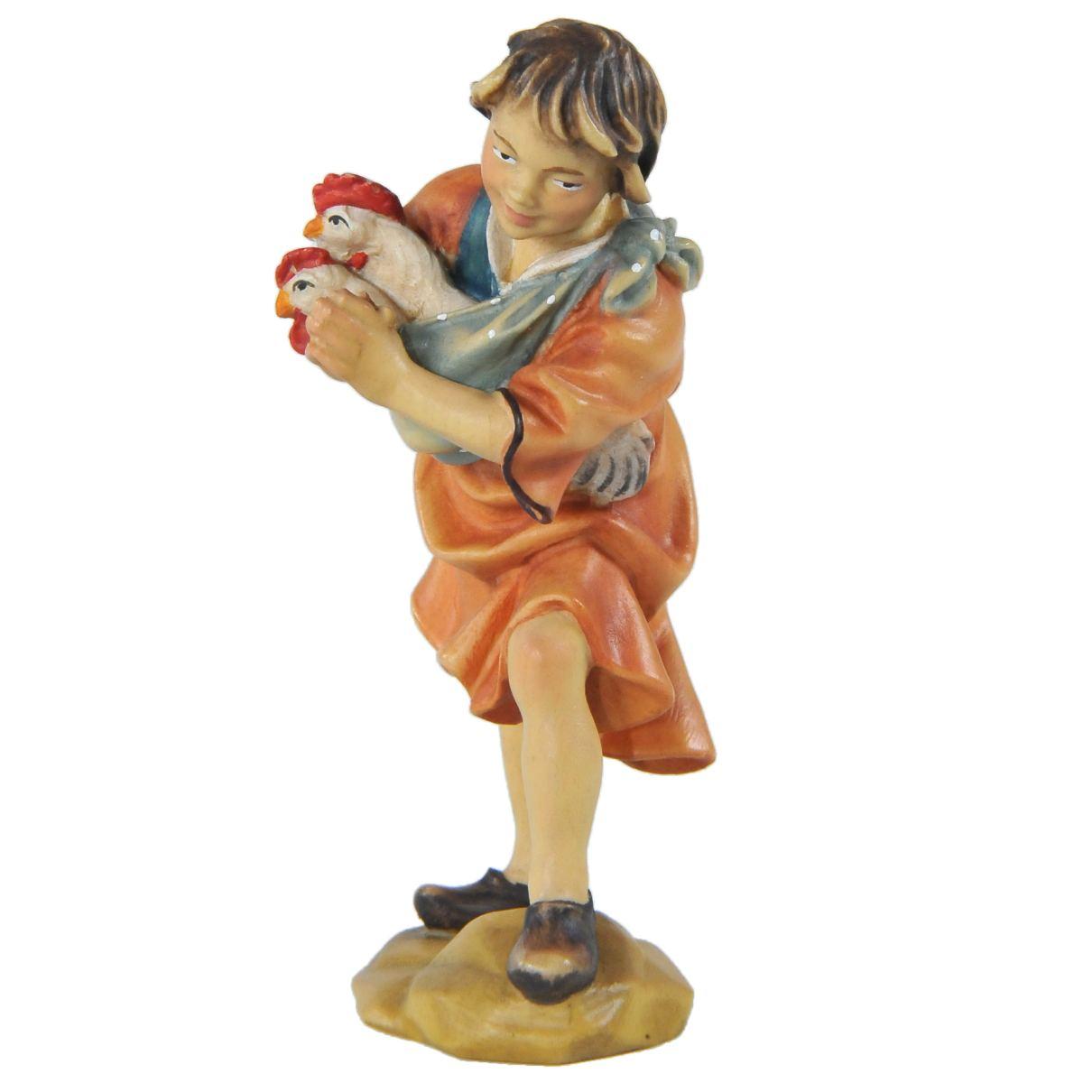 Statua cm.15 Scultura in Legno Pastorello con Galline in Braccio | Ulpe