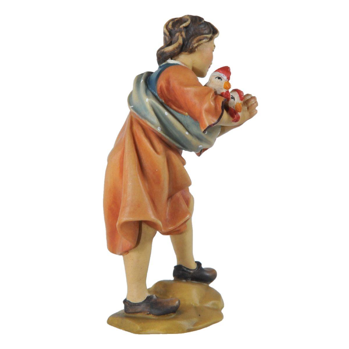 Statua cm.15 Scultura in Legno Pastorello con Galline in Braccio | Ulpe