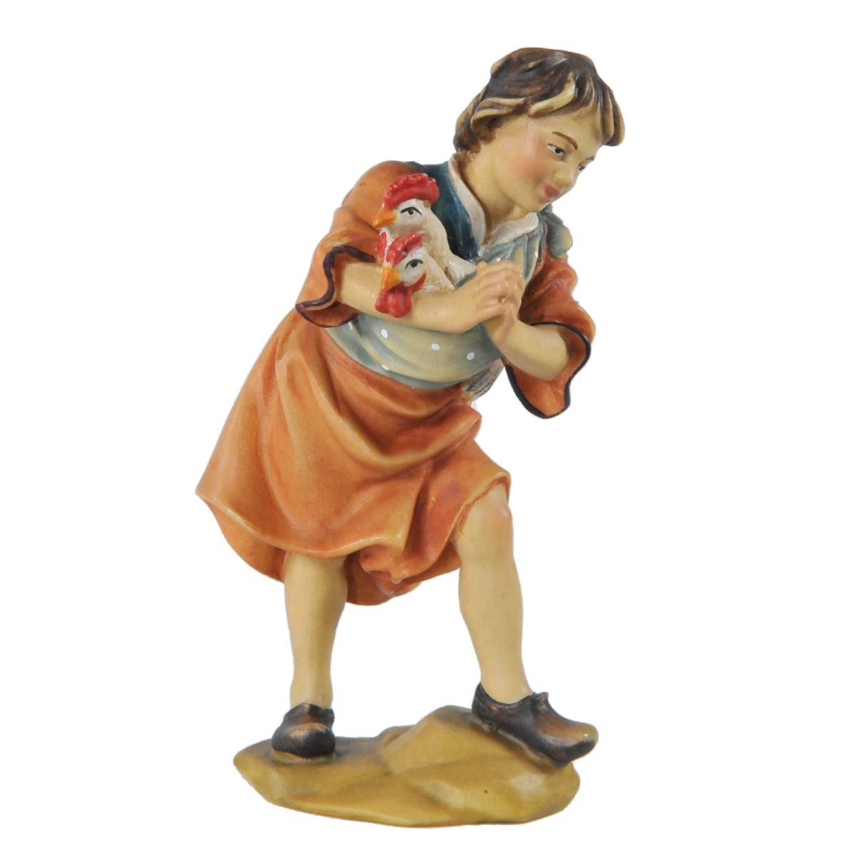 Statua cm.15 Scultura in Legno Pastorello con Galline in Braccio | Ulpe