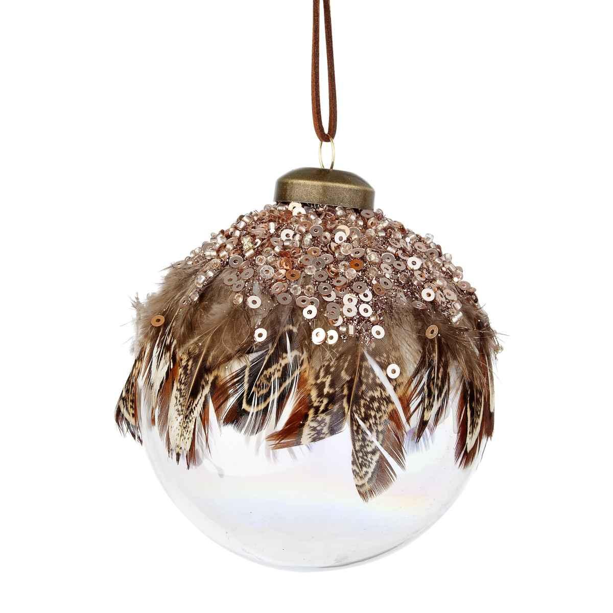 Pallina Natale Vetro cm.8 Trasparente con Piuma Marrone |Bizzotto