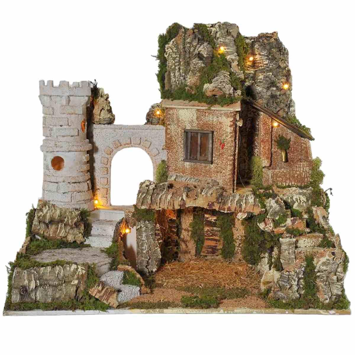 Paesaggio con Luci Torre Fontana Grotta cm.57x37xH50 PR16 | Arte del Presepe