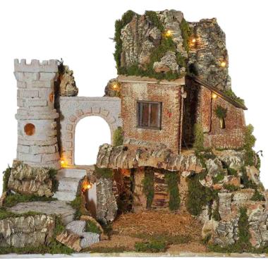 Paesaggio con Luci Torre Fontana Grotta cm.57x37xH50 PR16 | Arte del Presepe