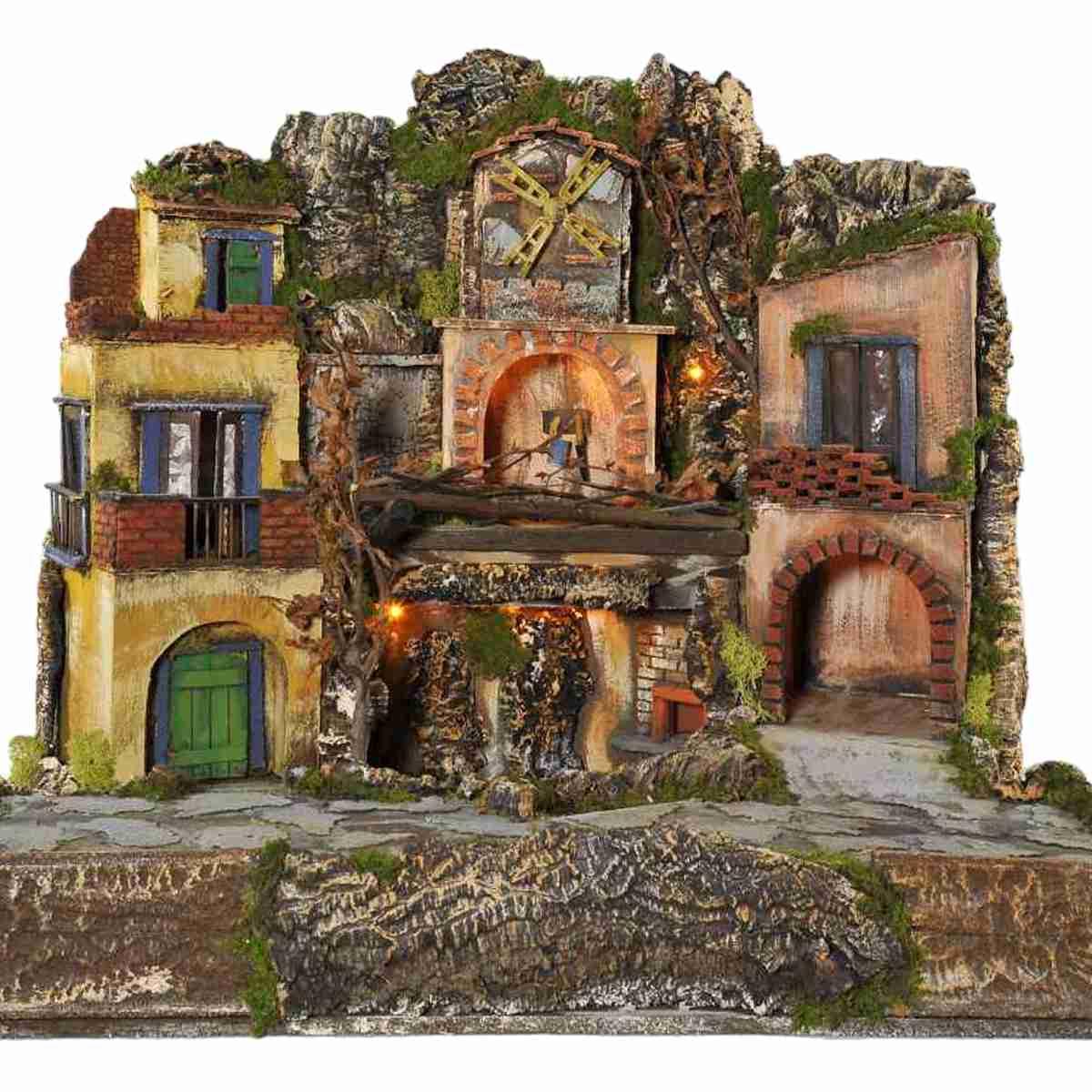 Paesaggio con Luci Napoletano Fuoco Mulino cm.77x57xH65 PR191 | Arte del Presepe