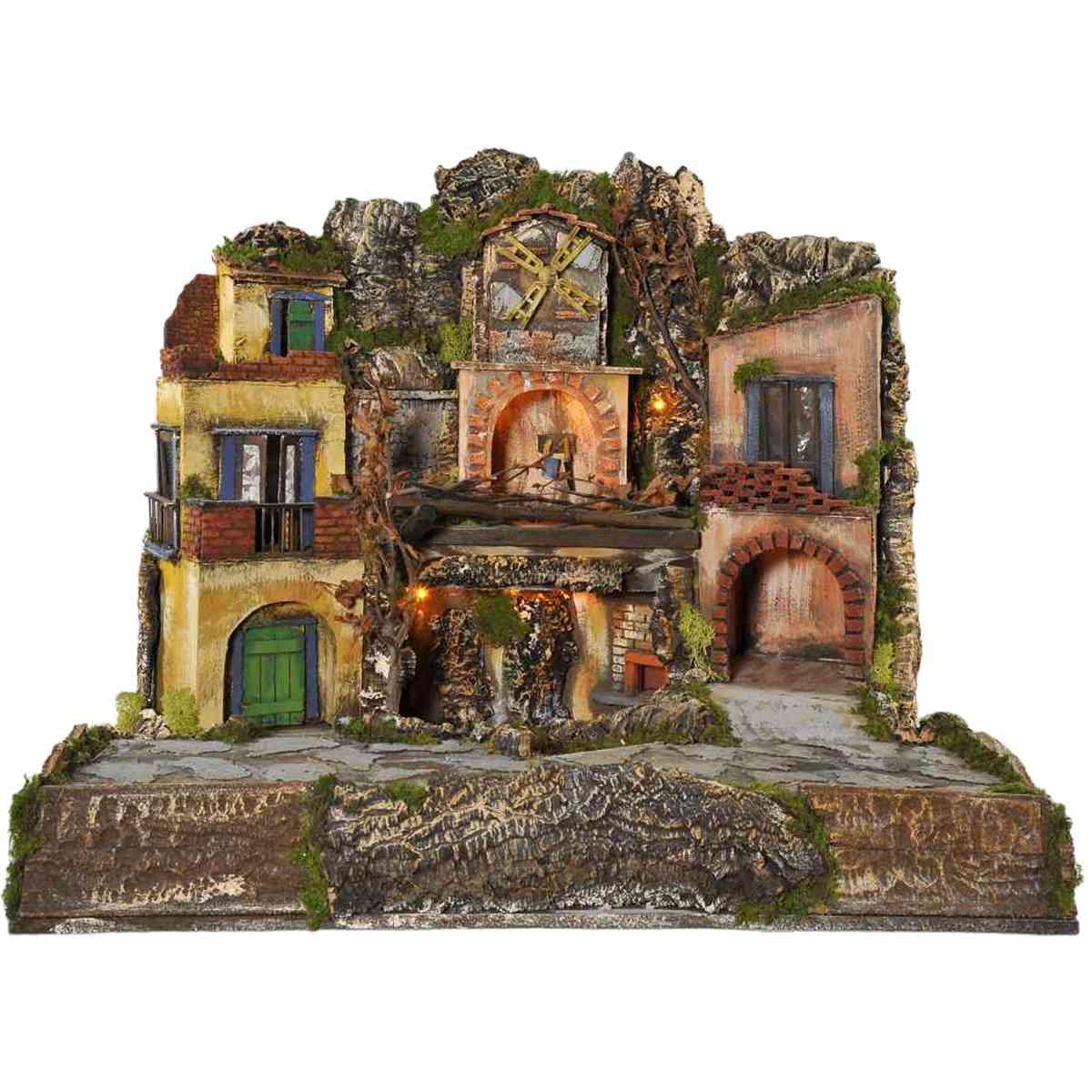 Paesaggio con Luci Napoletano Fuoco Mulino cm.77x57xH65 PR191 | Arte del Presepe
