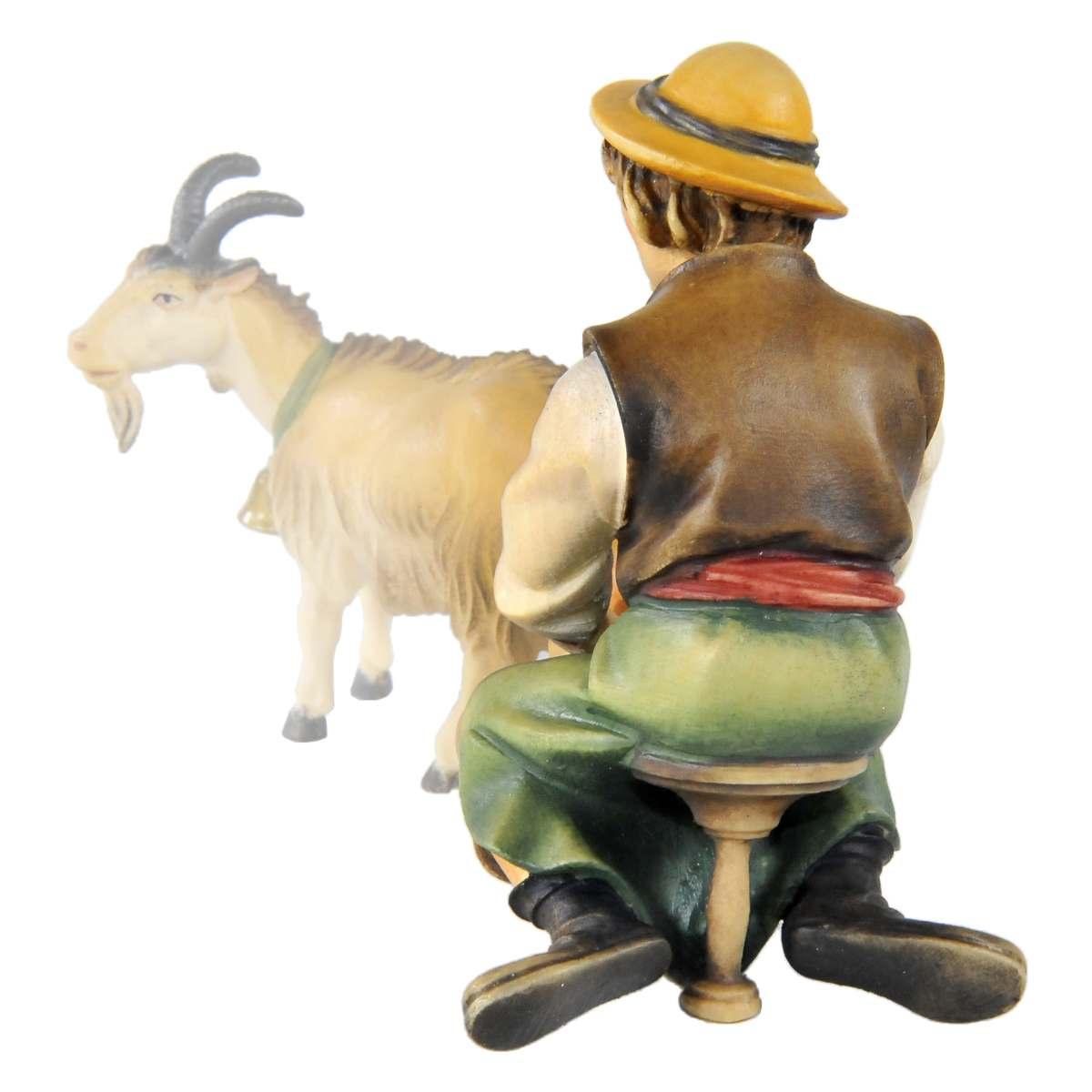 Statua cm.15 Scultura in Legno Pastore Seduto che Munge | Ulpe