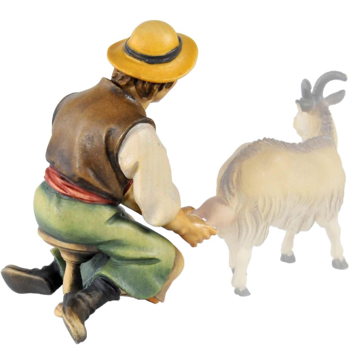 Statua cm.15 Scultura in Legno Pastore Seduto che Munge | Ulpe