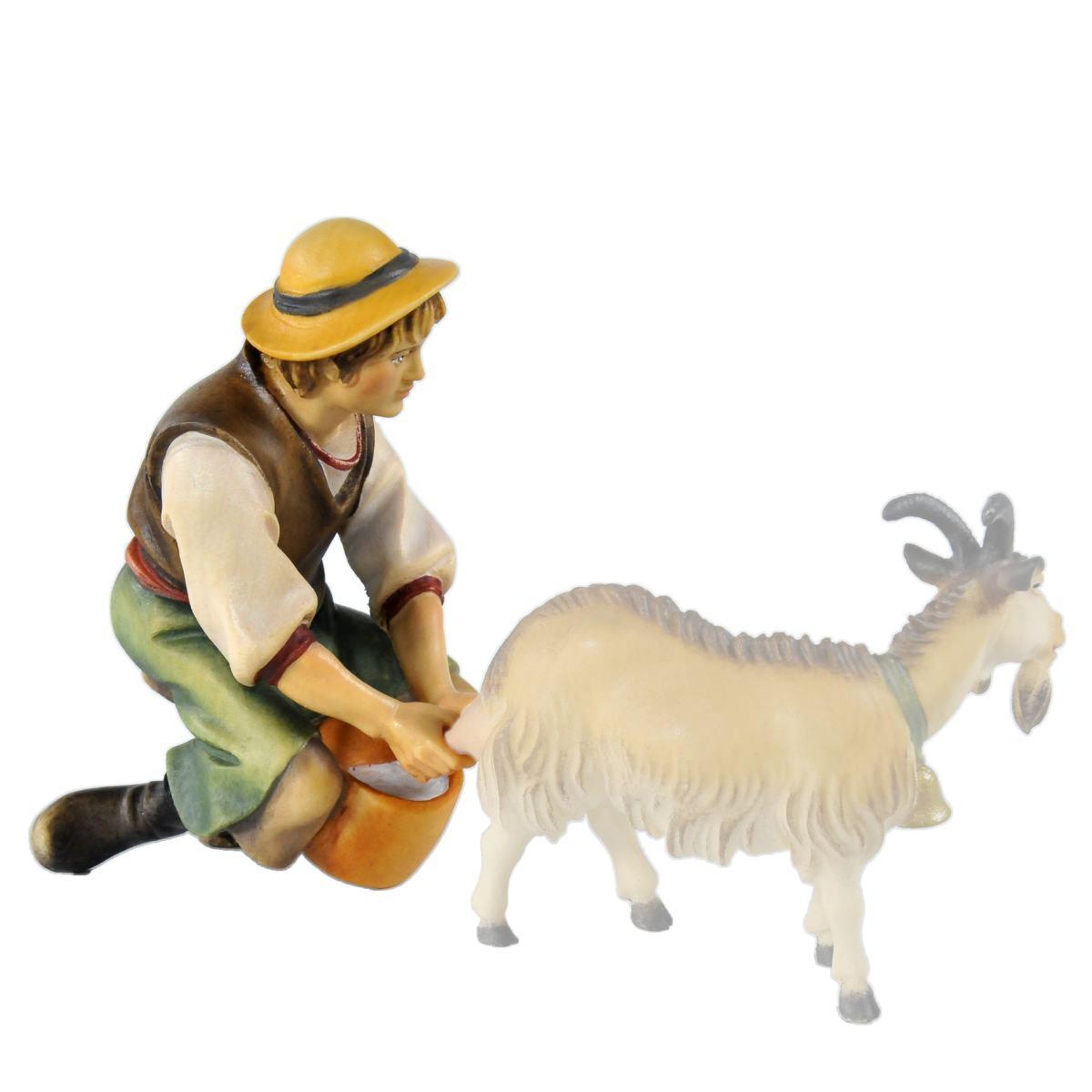 Statua cm.15 Scultura in Legno Pastore Seduto che Munge | Ulpe