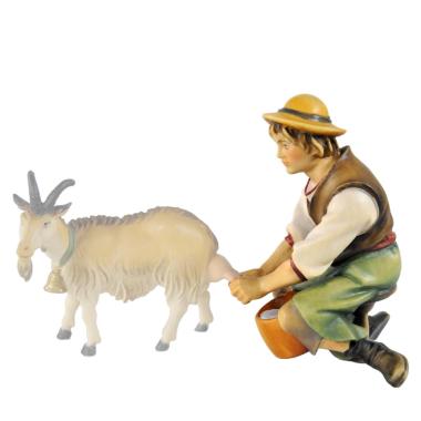 Statua cm.15 Scultura in Legno Pastore Seduto che Munge | Ulpe