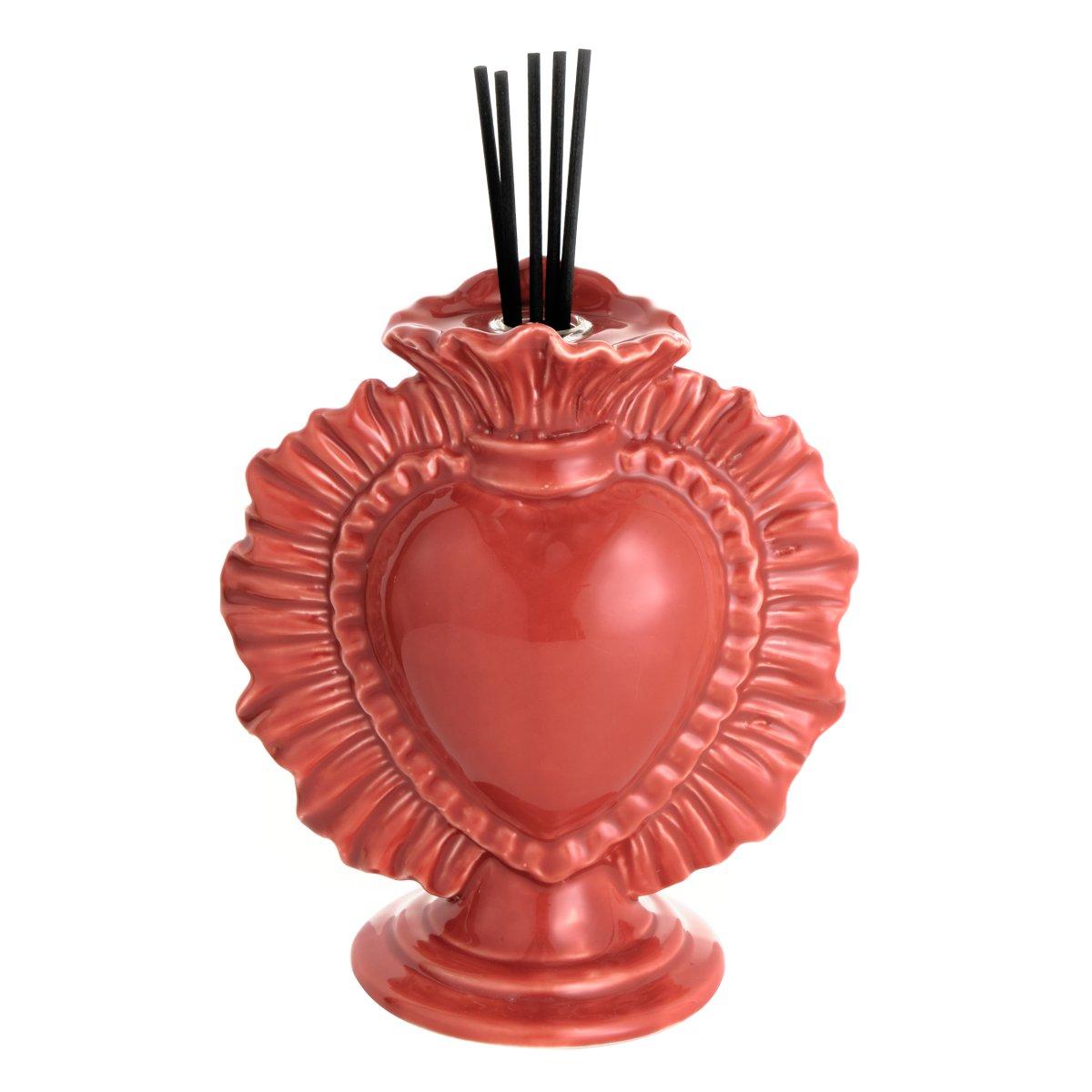 Cuore Ex Voto Porcellana Diffusore Essenze Corallo con Bastoncini cm.14 | Montemaggi