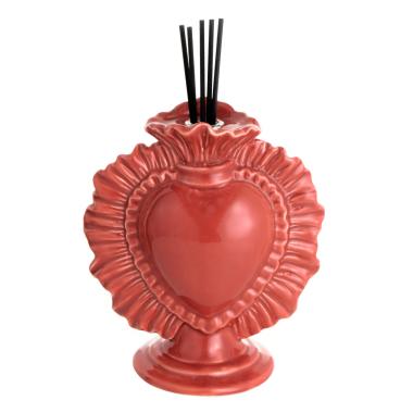 Cuore Ex Voto Porcellana Diffusore Essenze Corallo con Bastoncini cm.14 | Montemaggi
