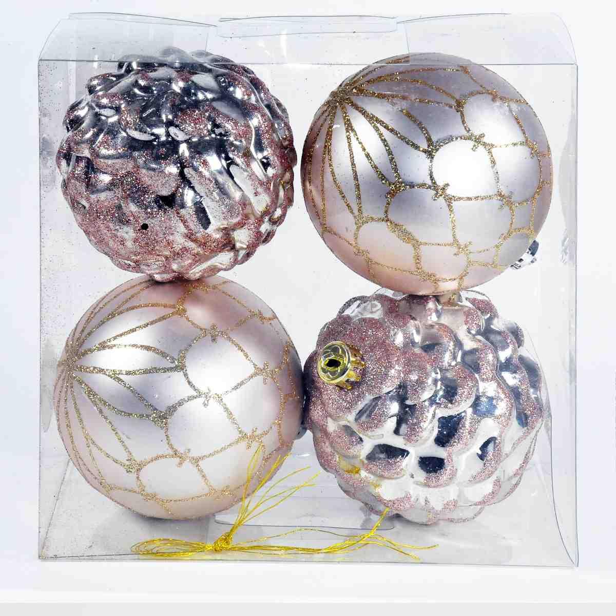 Pallina Natale Vetro cm.10 Rosa con Glitter Set pz.4 |Mazzeo