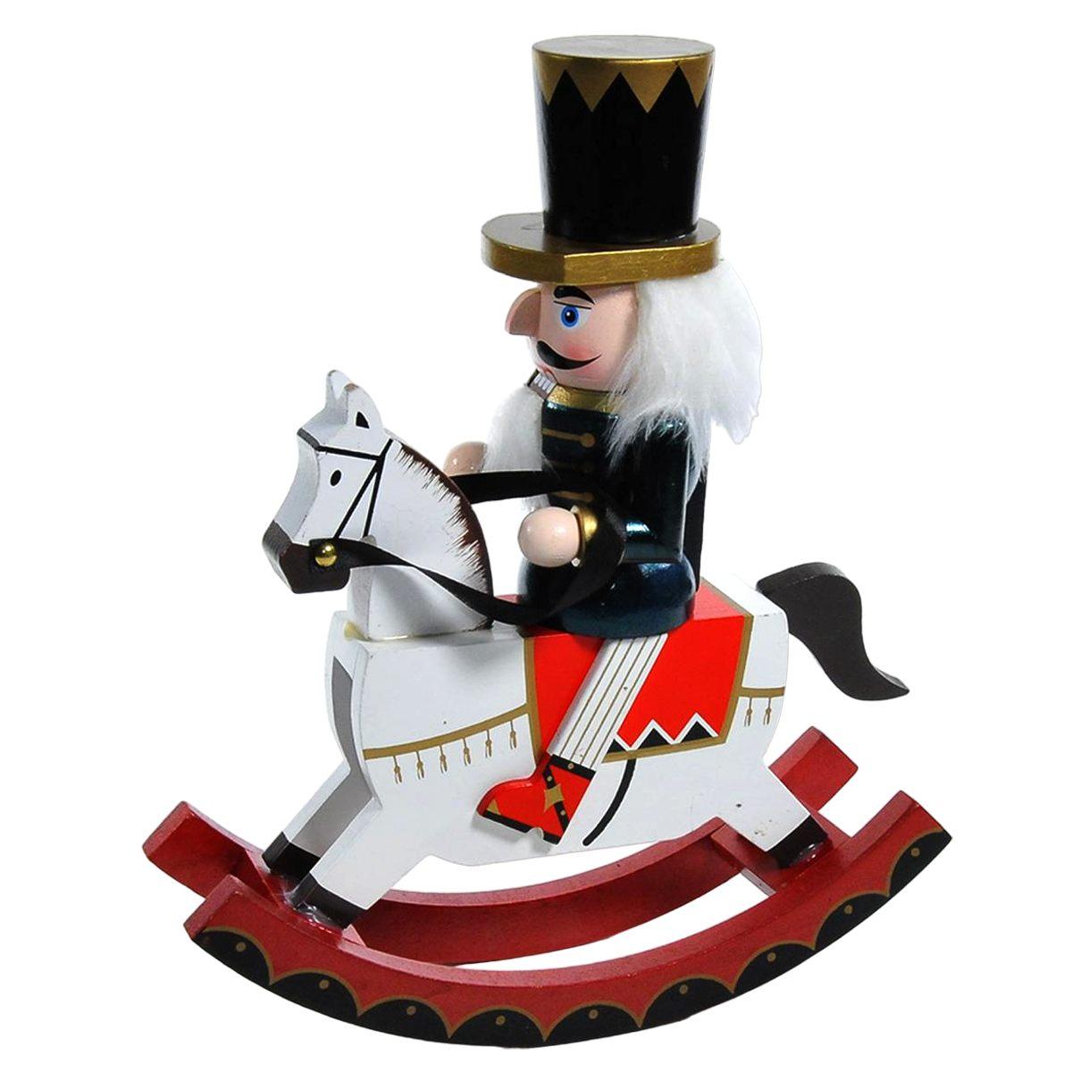 Soldatino Schiaccianoci Legno cm.31 Divisa Blu con Cavallo a Dondolo