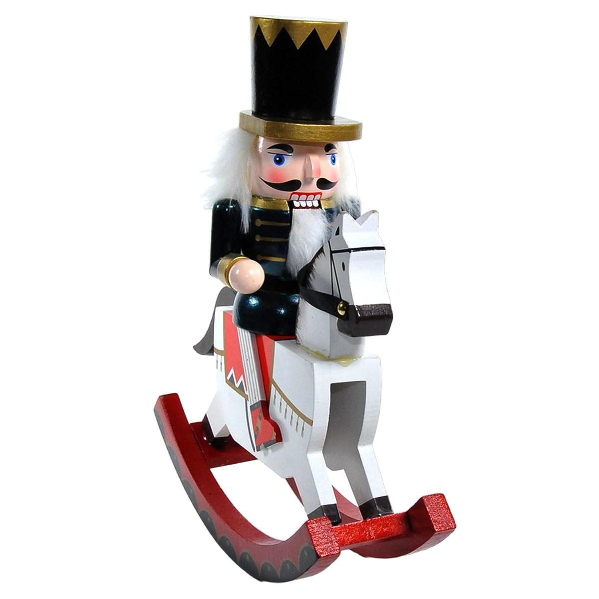 Soldatino Schiaccianoci Legno cm.31 Divisa Blu con Cavallo a Dondolo