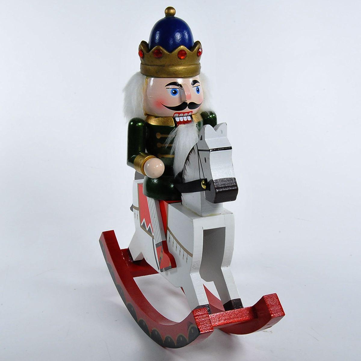 Soldatino Schiaccianoci Legno cm.31 Divisa Blu con Cavallo a Dondolo