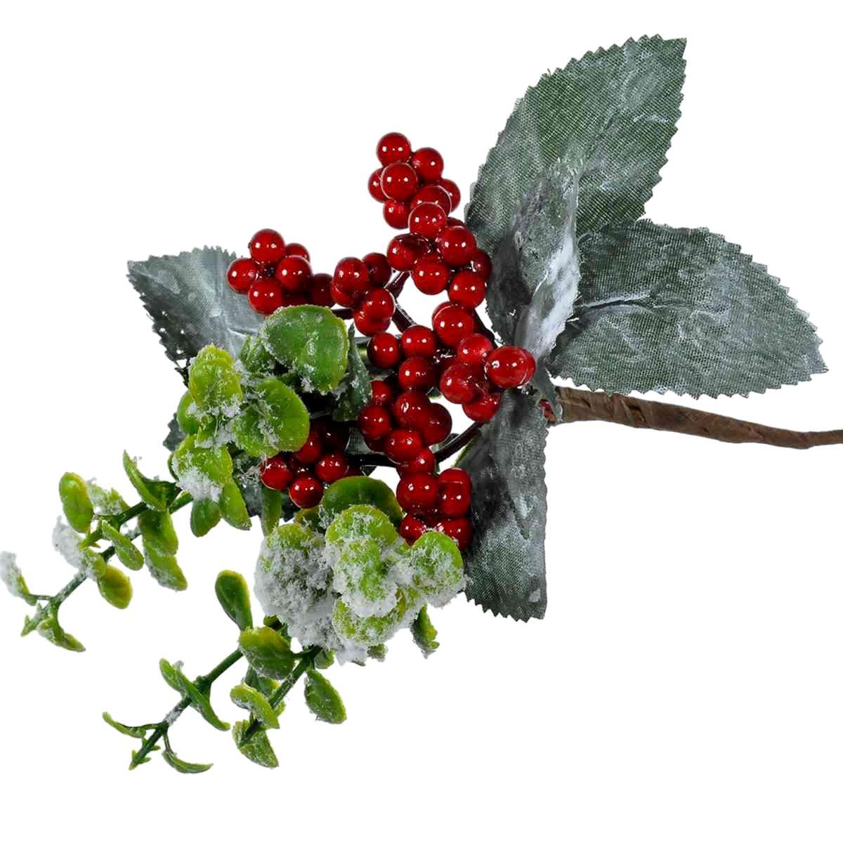 Fiore Natale con Bacche Rosse e Foglie Innevate cm.18 |Mazzeo