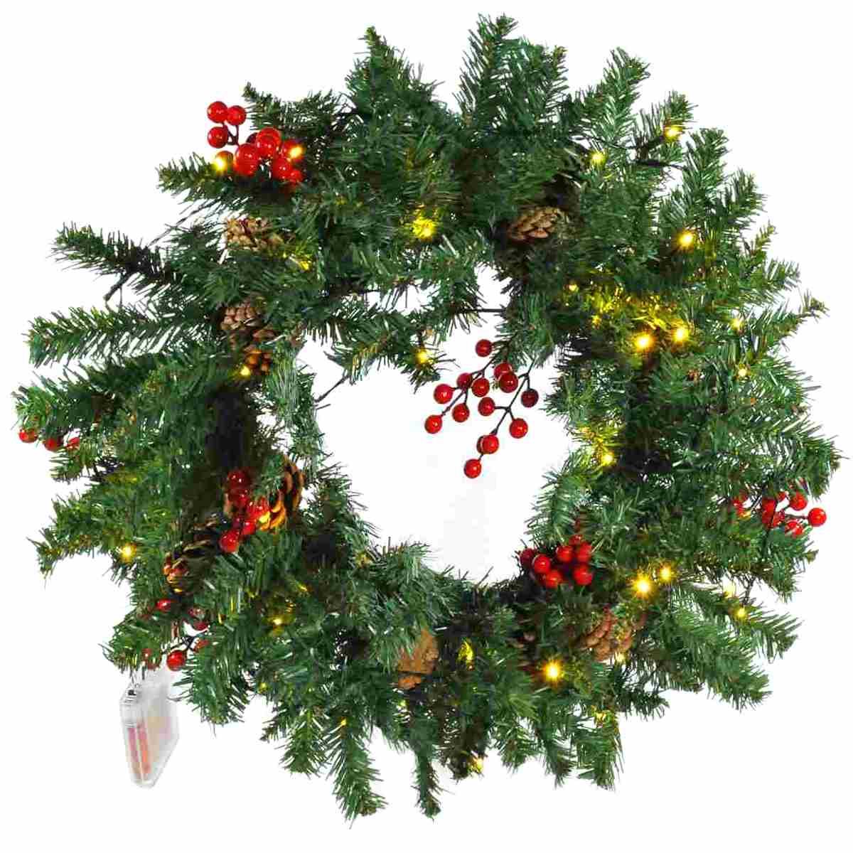 Ghirlanda cm.50 Verde con Bacche Rosse con LED Batteria |Mazzeo