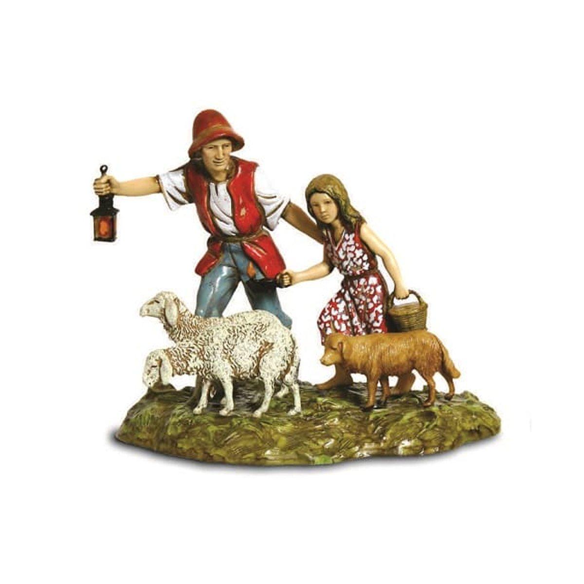 Statua cm.10 Famiglia Pastore con Bambina e Pecore | Moranduzzo