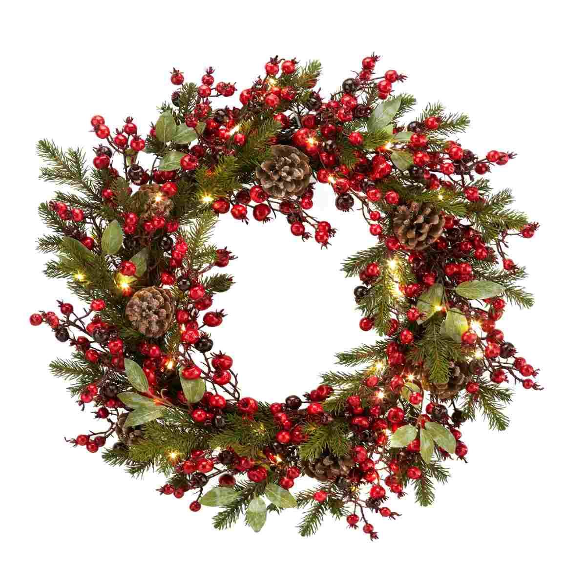 Ghirlanda cm.60 Verde con Bacche e Pigne e LED |Fade