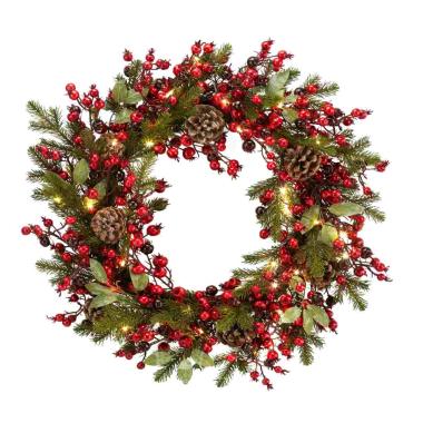 Ghirlanda cm.60 Verde con Bacche e Pigne e LED |Fade