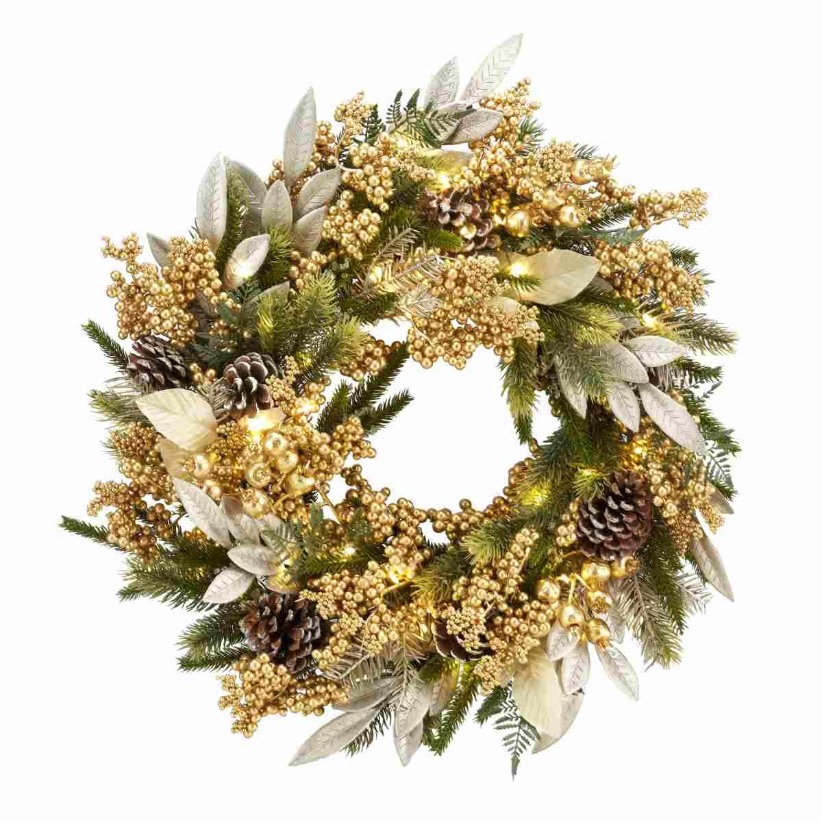 Ghirlanda cm.60 Verde con Bacche e Pigne Oro LED |Fade