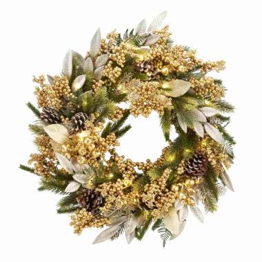 Ghirlanda cm.60 Verde con Bacche e Pigne Oro LED |Fade