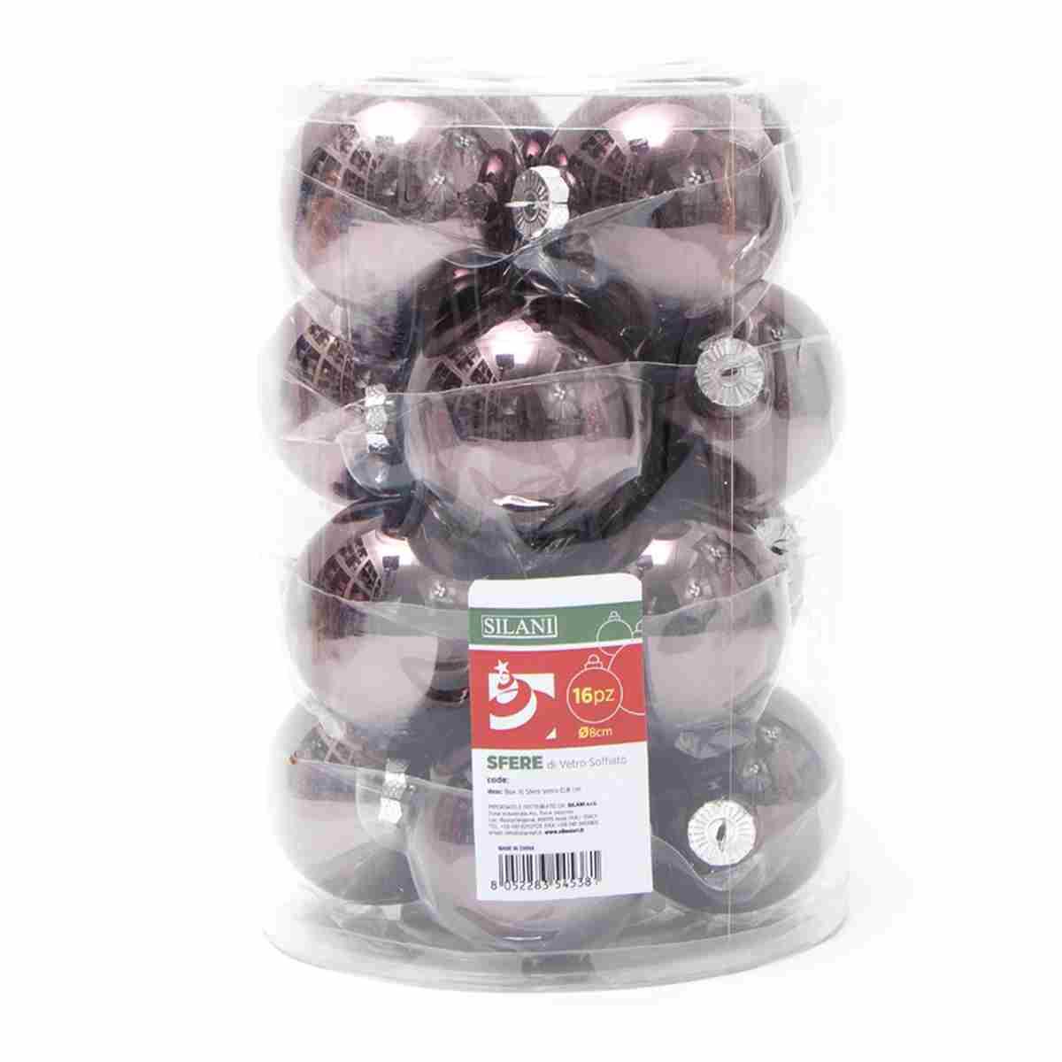 Pallina Natale Vetro cm.8 Grigio Fum Lucido Set pz.16 |Silani