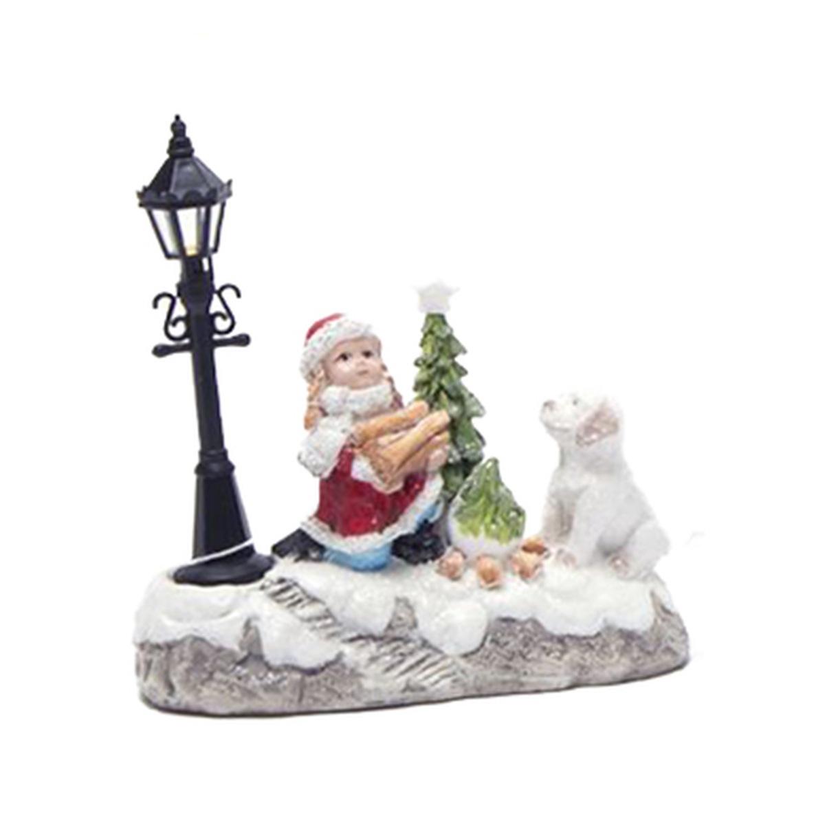 Giostra Natale Bambina con Albero Lampione e Cagnolino cm.14x5,5x15 |Silani