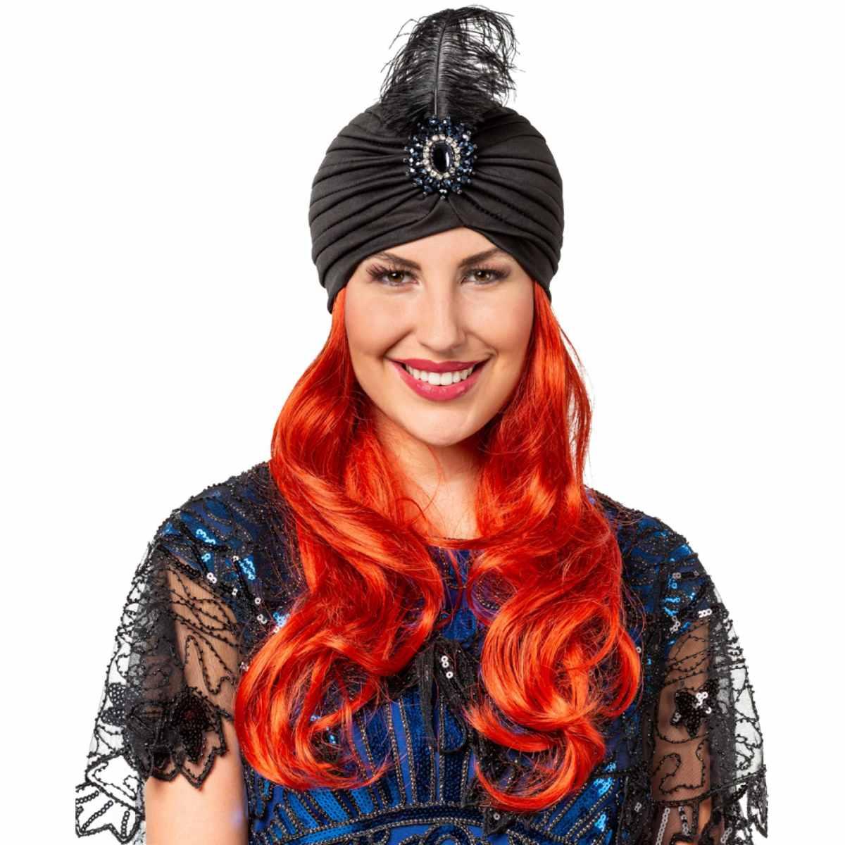 Cappello Turbante Nero Anni '20 con Pietra e Piuma |Orlob