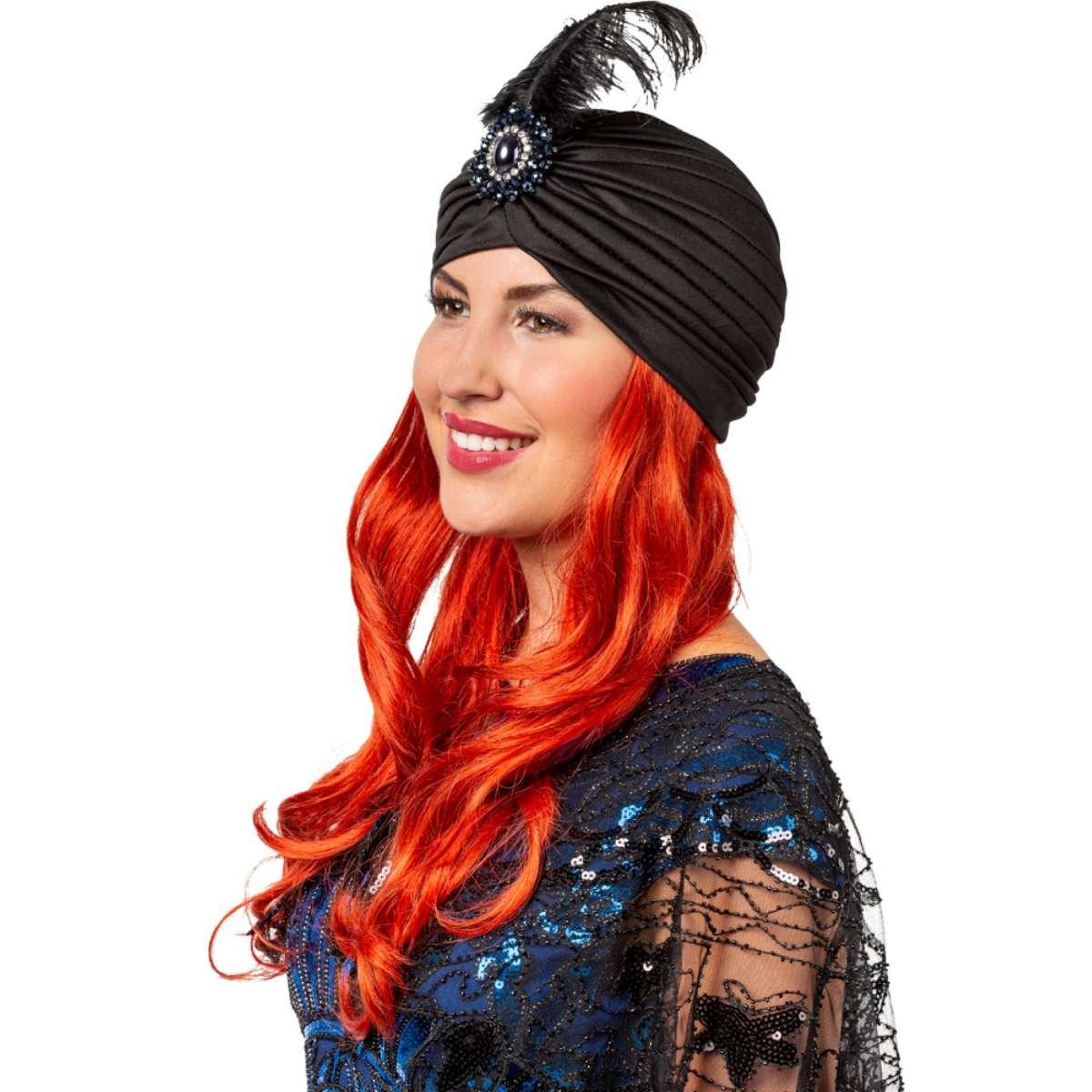 Cappello Turbante Nero Anni '20 con Pietra e Piuma |Orlob