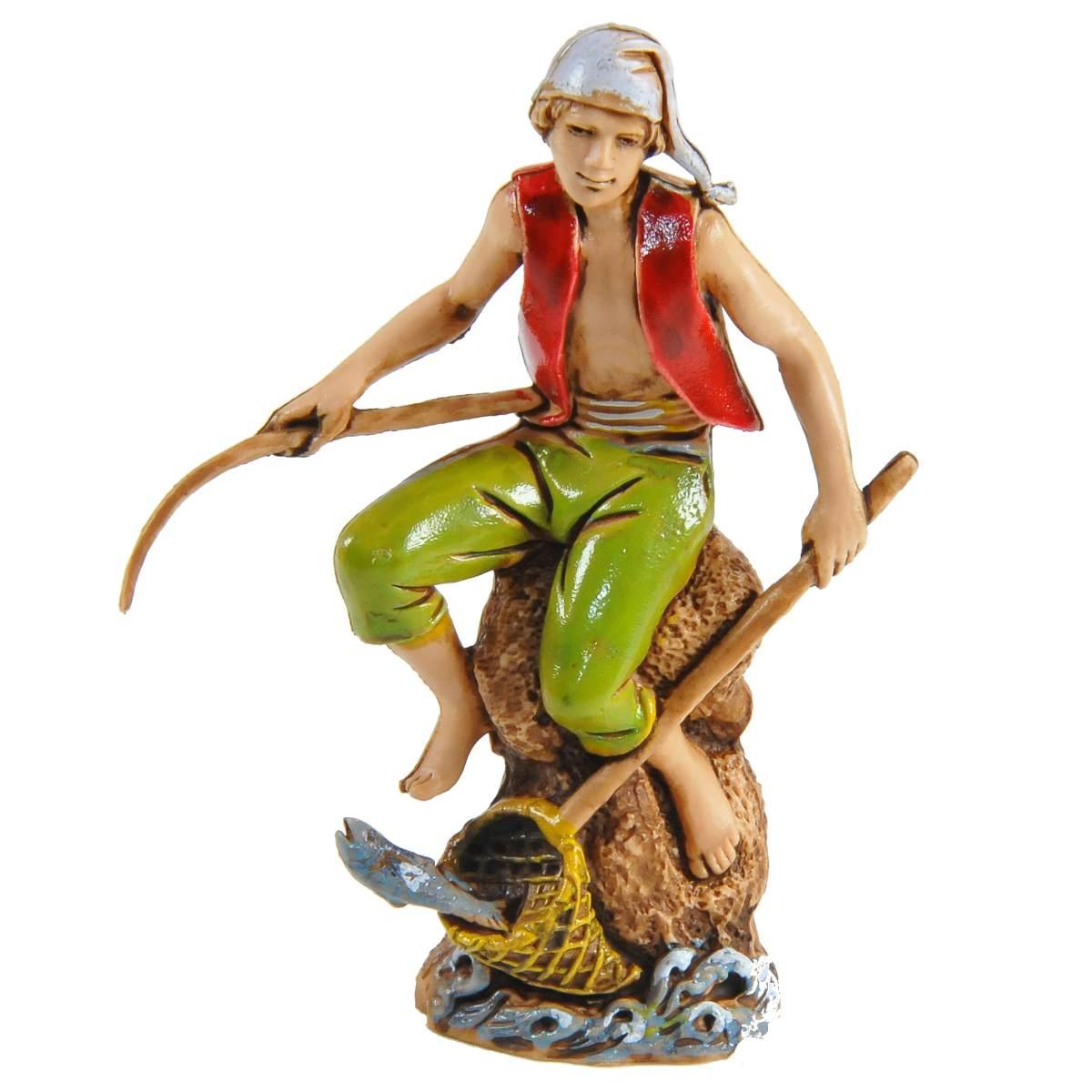 Statua cm.10 Pescatore Seduto con Canna e Guadino | Moranduzzo