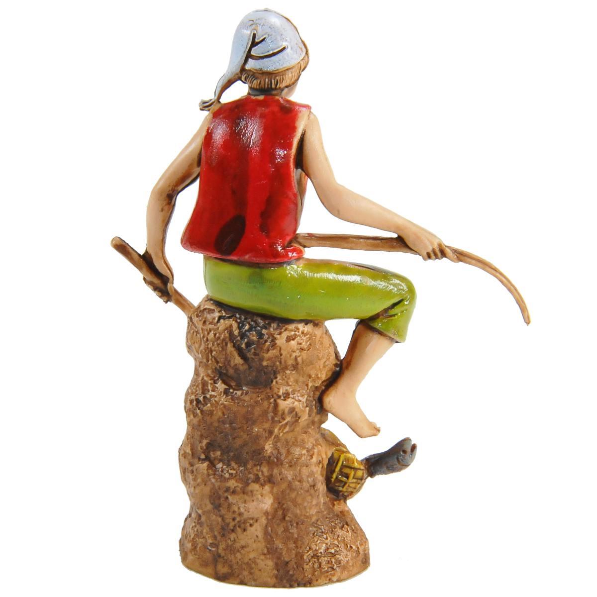 Statua cm.10 Pescatore Seduto con Canna e Guadino | Moranduzzo