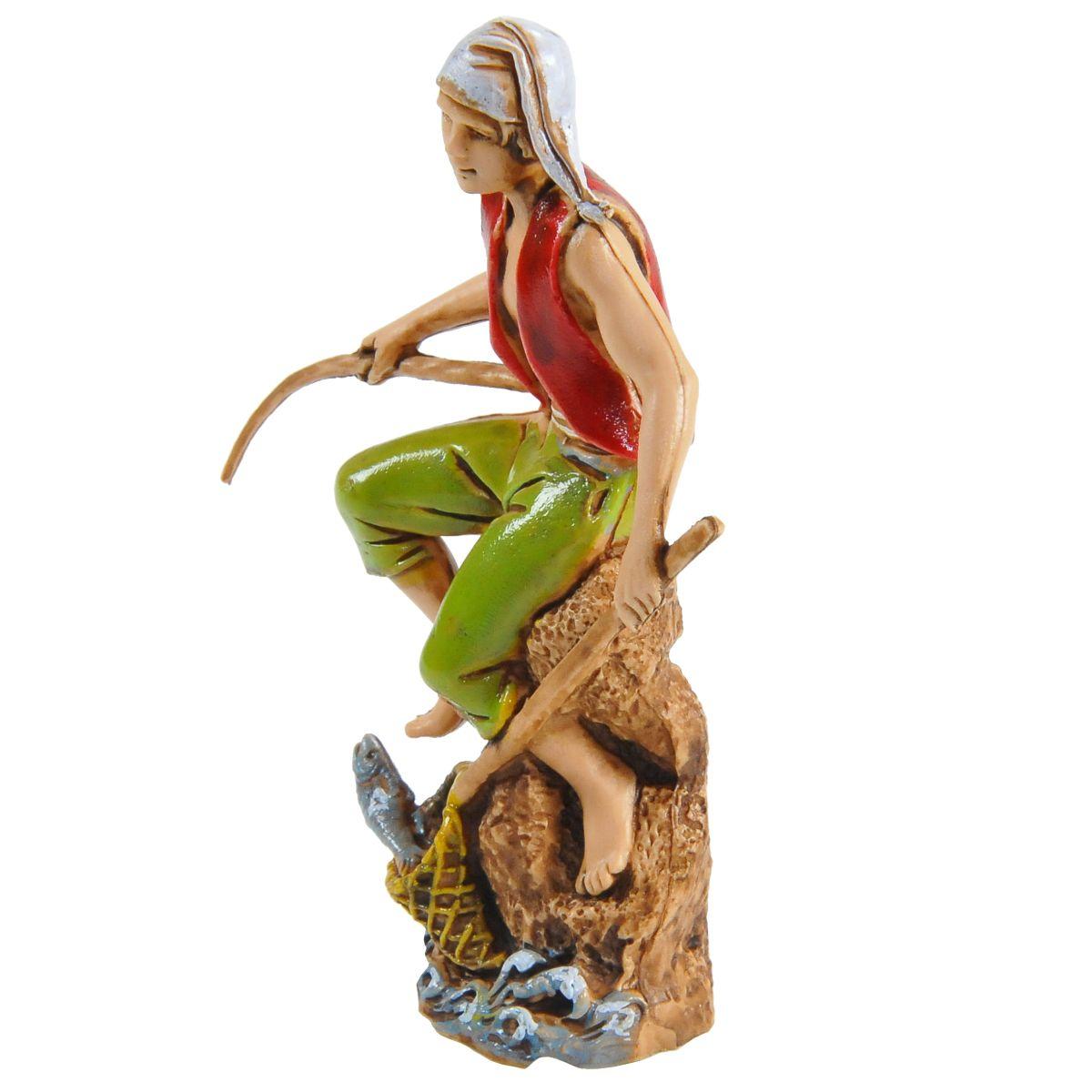 Statua cm.10 Pescatore Seduto con Canna e Guadino | Moranduzzo