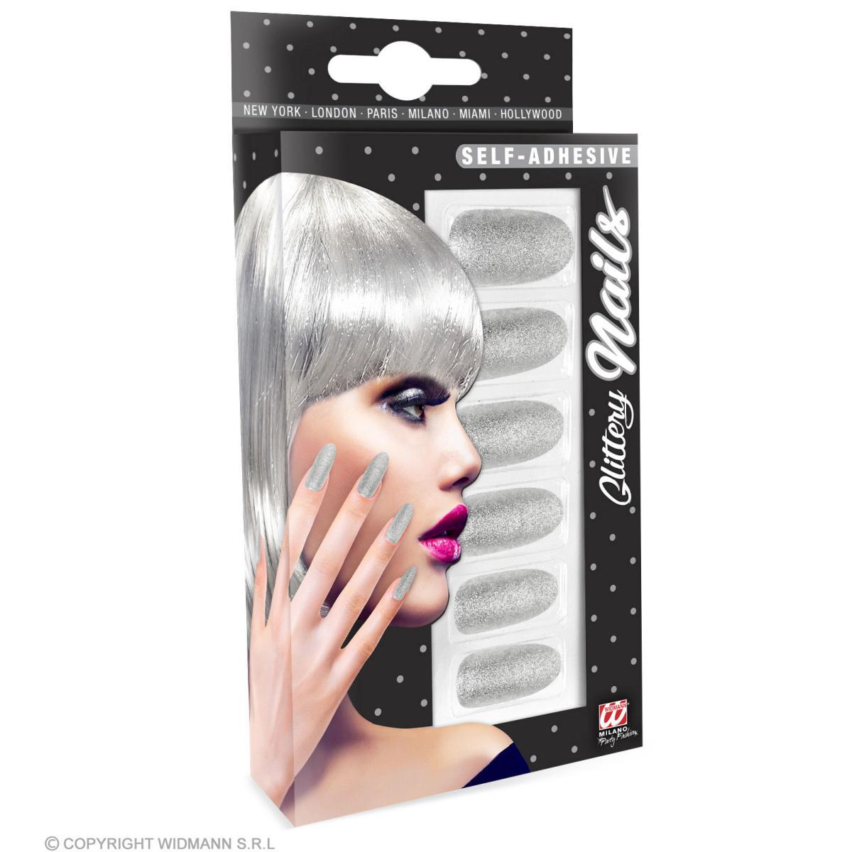 Unghie Adesive Argento con Glitter  Set pz.12 |Widmann
