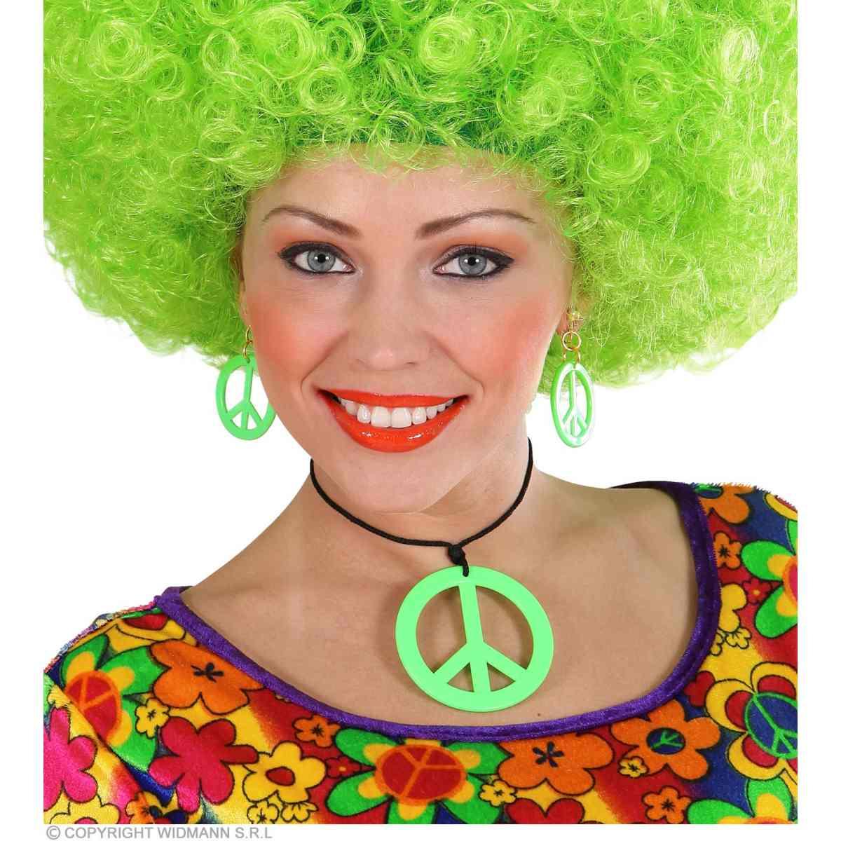 Collana Peace Love Verde Fluo con Orecchini |Widmann