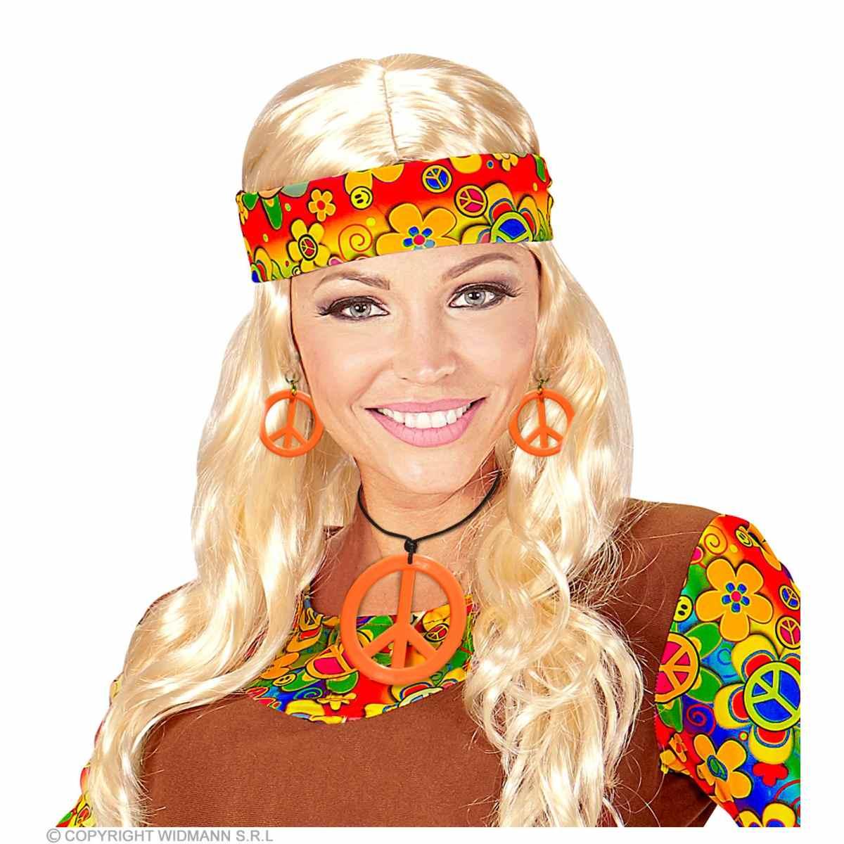 Collana Peace Love Arancione Fluo con Orecchini |Widmann