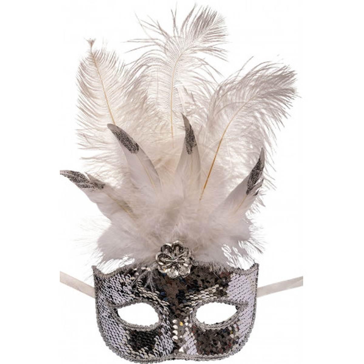 Maschera Viso Paillettes Argento e Piume |Carnival Toys