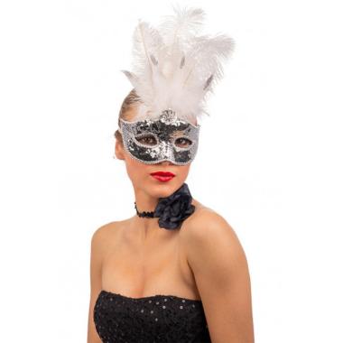 Maschera Viso Paillettes Argento e Piume |Carnival Toys
